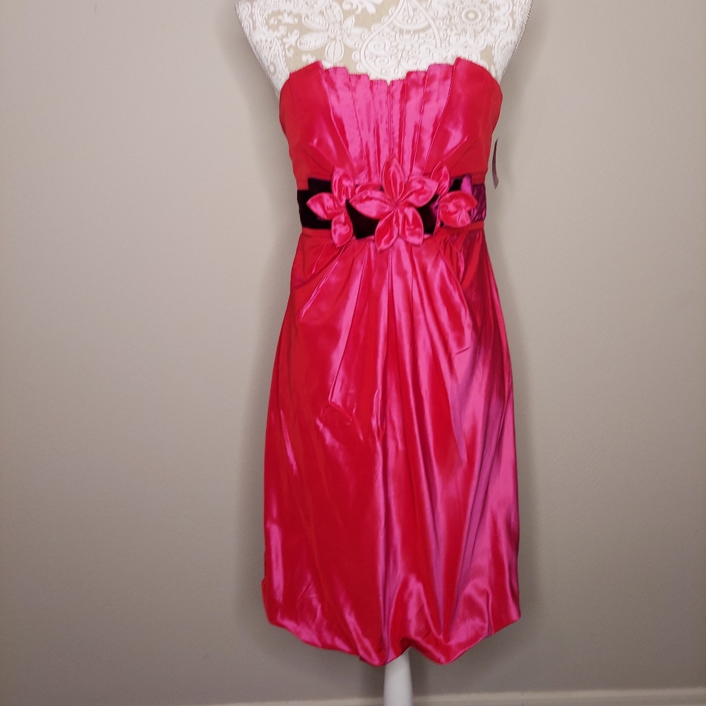 Kay Unger Pink Silk Strapless Dress Purple Velvet Band 3D Flowers Si…